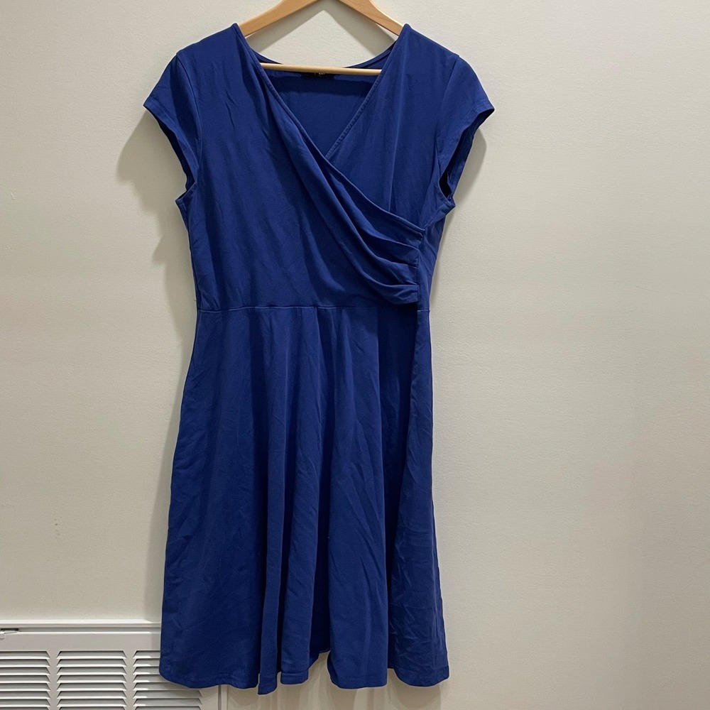Laksmi Royal Blue Faux Wrap Surplice Fit and Flare Dress XXL‎ Cap Sleeve Jersey
